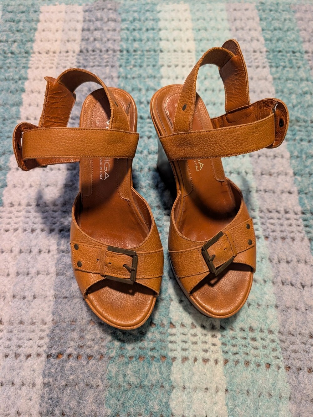 Via Spiga Leather Tan Buckle Sandal Wedges Women Size 8